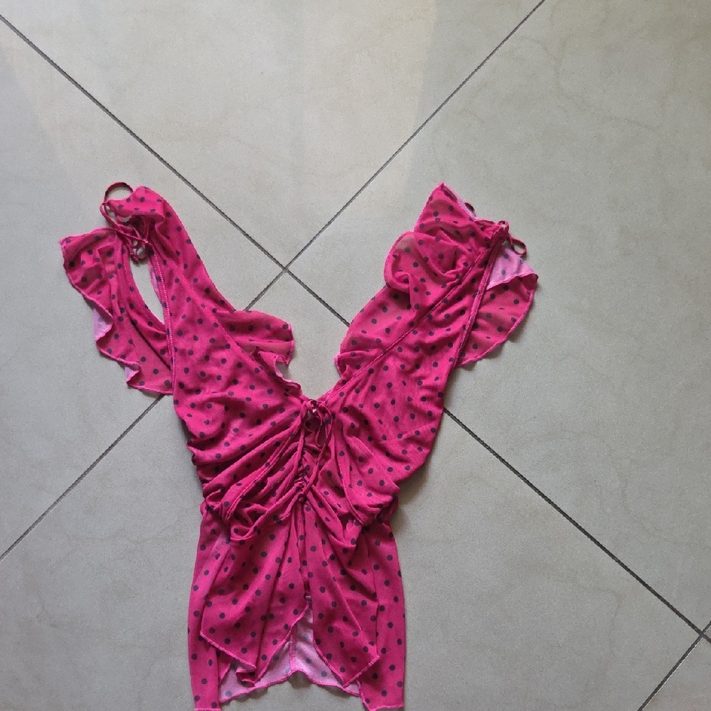 Hot Pink Polka Dot Ruffle Deep-V Top S